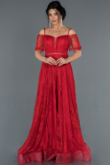 Kırmızı Kayık Yaka Dantelli Abiye Elbise ABU1283