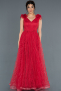 Kırmızı V Yaka Sim Detaylı Prenses Abiye Elbise ABU1179