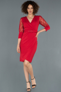 Kırmızı Kruvaze Yaka Transparan Detaylı Davet Elbisesi ABK821