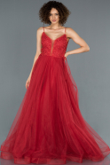 Kırmızı İp Askılı İşleme Detaylı Nişan Elbisesi ABU1371