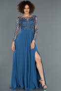 Mavi Uzun Bacak Dekolteli Transparan Nişan Elbisesi ABU1020