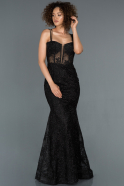 Siyah İp Askılı Transparan Detaylı Abiye Elbise ABU1257