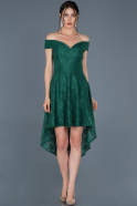 Zümrüt Yeşili Önü Kısa Arkası Uzun Güpürlü Davet Elbisesi ABO023