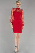 Kırmızı Transparan Kol Taş İşlemeli Davet Elbisesi ABK859