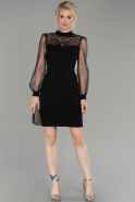 Siyah Transparan Kol Taş İşlemeli Davet Elbisesi ABK859