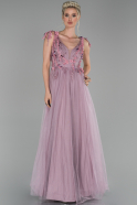 Lila Uzun Boncuk İşlemeli Kol Detaylı Abiye Elbise ABU1505