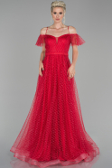 Kırmızı Uzun İp Askılı Simli Abiye Elbise ABU1254