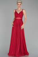 Kırmızı Uzun Kruvaze Yaka İp Askılı Abiye Elbise ABU1503
