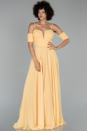 Sarı Uzun Kol Detaylı Şifon Abiye Elbise ABU1526