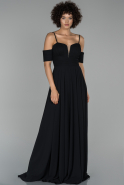 Siyah Uzun Kol Detaylı Şifon Abiye Elbise ABU1526