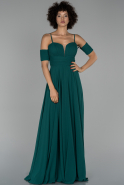 Zümrüt Yeşili Uzun Kol Detaylı Şifon Abiye Elbise ABU1526