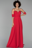 Kırmızı Uzun Kol Detaylı Şifon Abiye Elbise ABU1526