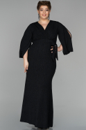 Siyah-Siyah Kruvaze Yaka Kol Detaylı Büyük Beden Abiye Elbise ABU1529