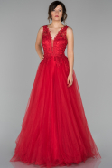 Kırmızı Güpür Detaylı Transparan Prenses Abiye Elbise ABU1534