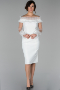 Kısa Beyaz Fırfırlı Kayık Yaka Uzun Tüllü Kol Elbise ABK924
