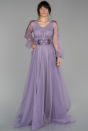 Lila Uzun Balon Kol İşleme Detaylı Abiye Elbise ABU1524