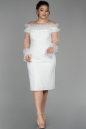 Kısa Beyaz Fırfırlı Kayık Yaka Uzun Tüllü Kol Büyük Beden Elbise ABK925