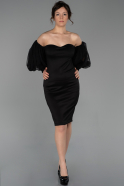 Siyah Kısa Kalp Yaka Straplez Balon Kol Detaylı Davet Elbisesi ABK931