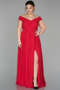 Kırmızı Uzun Kayık Yaka Yırtmaçlı Şifon Büyük Beden Abiye Elbise ABU1560