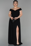 Siyah Uzun Kayık Yaka Yırtmaçlı Şifon Büyük Beden Abiye Elbise ABU1560