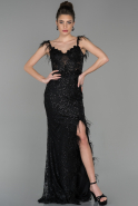 Siyah Uzun Bacak Dekolteli Tüy Detaylı Askılı Pullu Abiye Elbise ABU1580