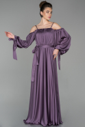 Lavanta Uzun Askılı Uzun Kol Detaylı Saten Abiye Elbise ABU1581