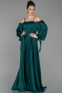 Zümrüt Yeşili Uzun Askılı Uzun Kol Detaylı Saten Abiye Elbise ABU1581