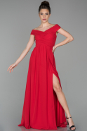Kırmızı Uzun Kayık Yaka Yırtmaçlı Şifon Abiye Elbise ABU1547