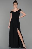 Siyah Uzun Kayık Yaka Yırtmaçlı Şifon Abiye Elbise ABU1547