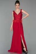 Kırmızı Uzun Bacak Dekolteli Dantel İşlemeli Krep Kumaş Tüylü Abiye Elbise ABU1565