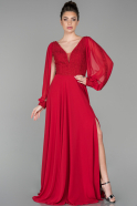 Kırmızı Uzun Yırtmaçlı V Yaka Uzun Kol Şifon Abiye Elbise ABU1554