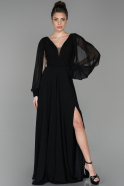 Siyah Uzun Yırtmaçlı V Yaka Uzun Kol Şifon Abiye Elbise ABU1554