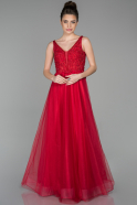 Kırmızı Uzun Kolsuz Taş İşlemeli Transparan Abiye Elbise ABU1584