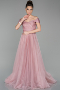 Pudra Uzun Kayık Yaka Prenses Model Abiye Elbise ABU1585