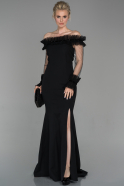 Siyah Uzun Fırfırlı Kayık Yaka Uzun Kol Bacak Dekolteli Abiye Elbise ABU1641