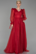 Kırmızı Uzun Kol Simli Dalya Abiye Elbise ABU1650