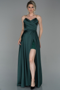 Zümrüt Yeşili Uzun Bacak Dekolteli Askılı Saten Abiye Elbise ABU1682