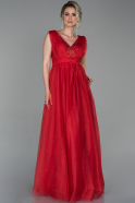Kırmızı Uzun Kolsuz V Yaka Tül Abiye Elbise ABU1687