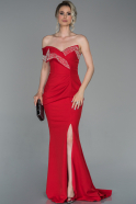 Kırmızı Uzun Taşlı Bacak Dekolteli Krep Abiye Elbise ABU1692