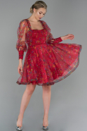 Kırmızı Kısa Kare Yaka Uzun Kol Çiçekli Davet Elbisesi ABK989