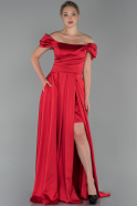 Kırmızı Uzun Karpuz Kol Kayık Yaka Yırtmaçlı Saten Abiye Elbise ABU1716