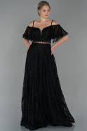 Siyah Uzun Kayık Yaka Dantelli Abiye Elbise ABU1720