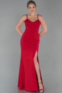 Kırmızı Uzun Askılı Bacak Dekolteli Krep Abiye Elbise ABU1805