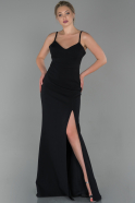 Siyah Uzun Askılı Bacak Dekolteli Krep Abiye Elbise ABU1805
