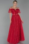 Kırmızı Kayık Yaka Uzun Dantel Abiye Elbise ABU1728