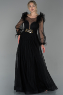 Siyah Transparan Uzun Kol Kemerli Tül Abiye Elbise ABU1718