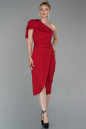 Kırmızı Kısa Kol Askılı Krep Davet Elbisesi ABK1001