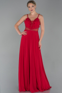 Kırmızı Askılı Yakası Fırfırlı Şifon Abiye Elbise ABU1750