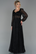 Siyah Uzun Kol Sim Ve Pul Detaylı Abiye Elbise ABU1793