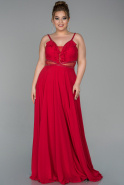 Kırmızı Yakası Fırfırlı Şifon Uzun Büyük Beden Abiye Elbise ABU1778